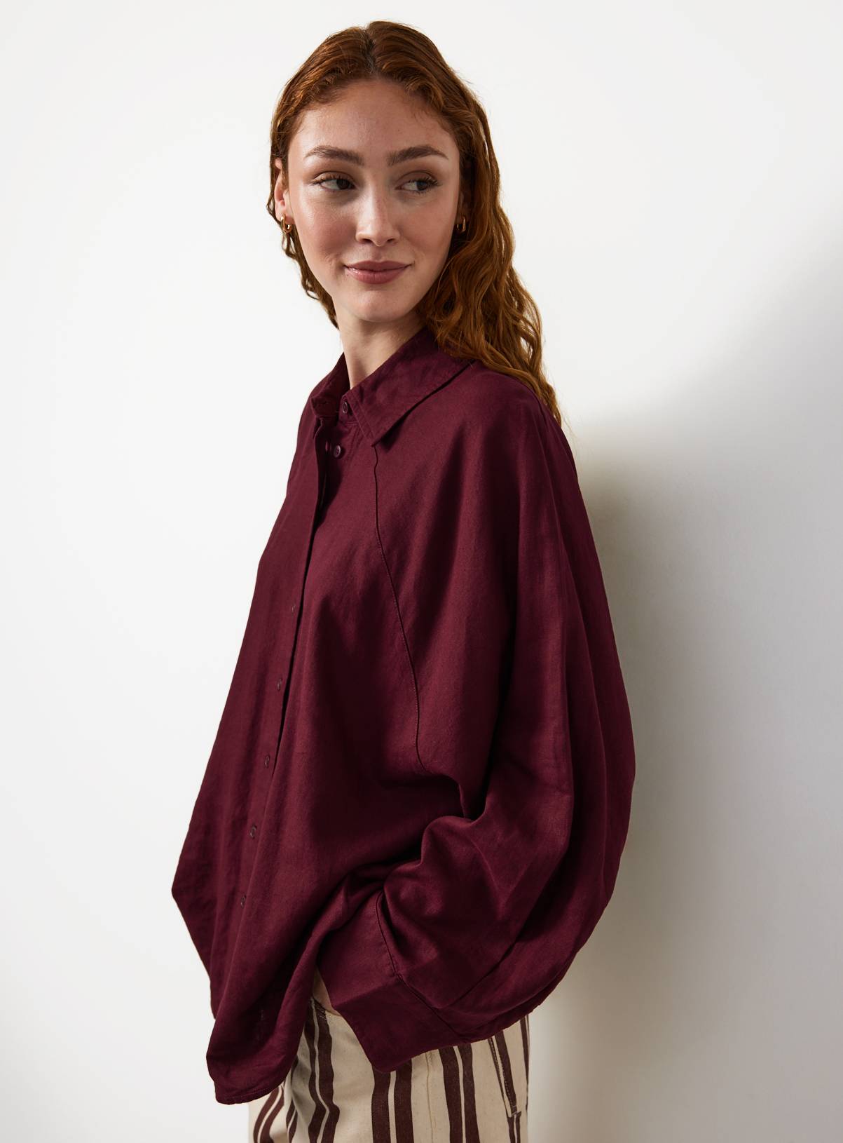 Dark Red Linen Blend Long Sleeve Shirt 22 - Image 1